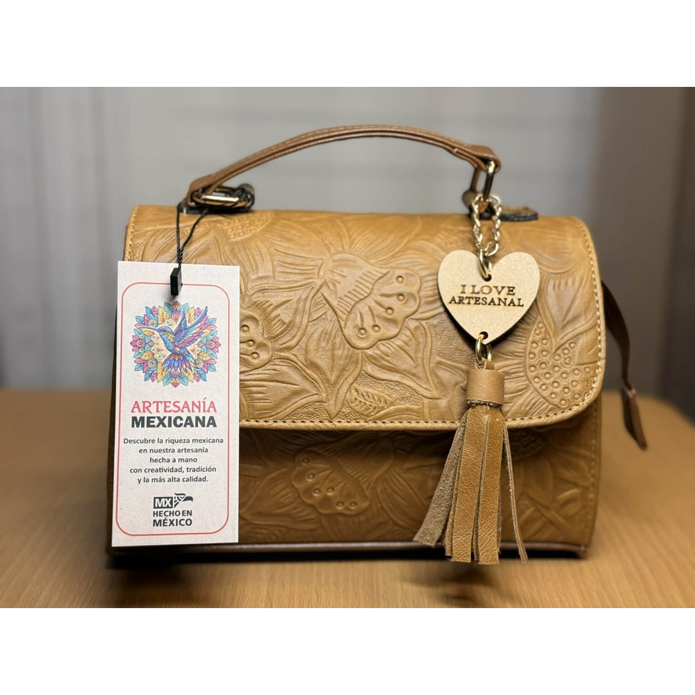 Camel Beige Sunflower Embossed Tooled Artisan LEATHER Crossbody bag Purse - Picture 4 of 16